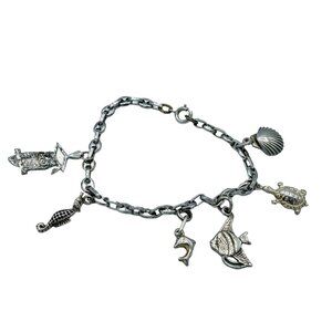 Sterling Silver 925 Charm Bracelet Animals 7in Fish Seahorse Owl 16.5 Grams Sea